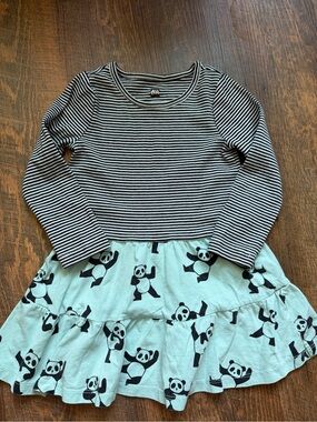 Tea Collection Black & Mint Stripe Top with Panda Skirt Kids Dress
